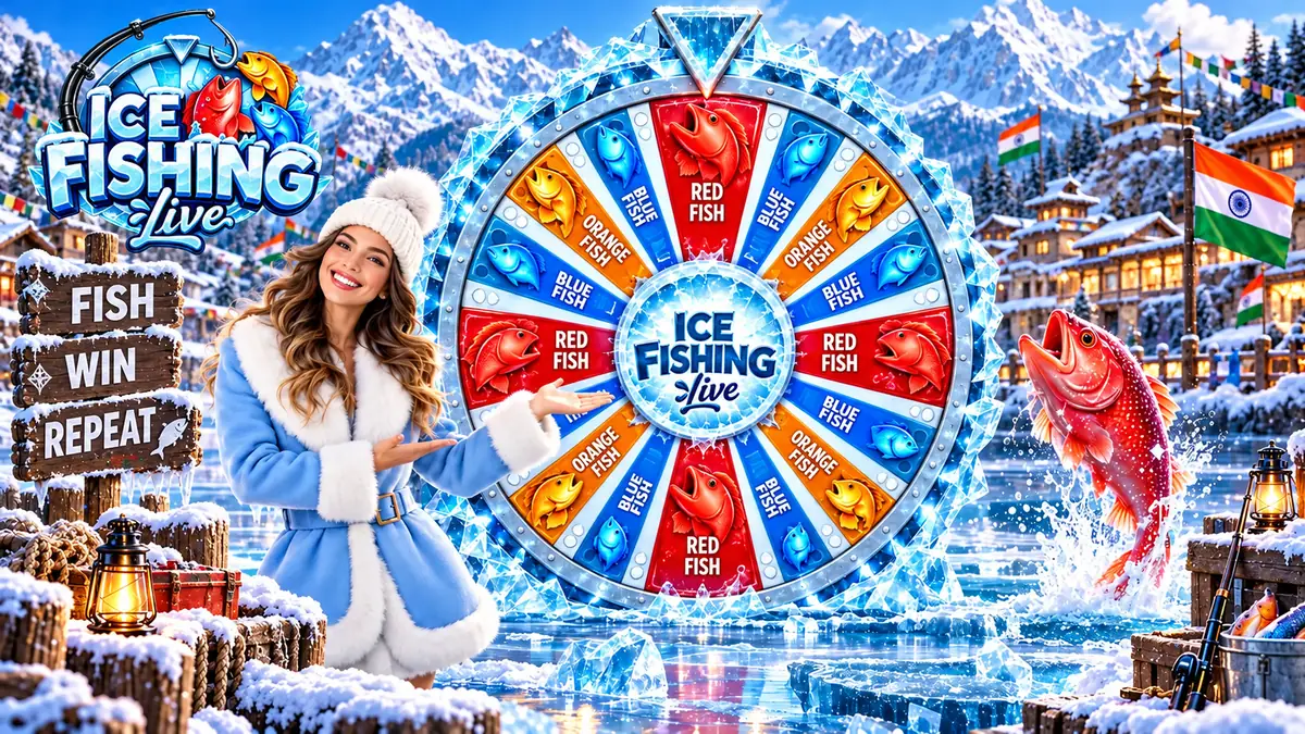 Ice Fishing Live presenter next to the wheel with red, orange and blue fish segments